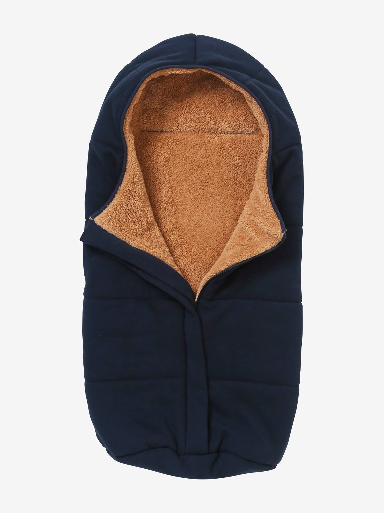 Bolsa de carrinho de bebê de pelúcia com forro de malha azul-escuro liso.