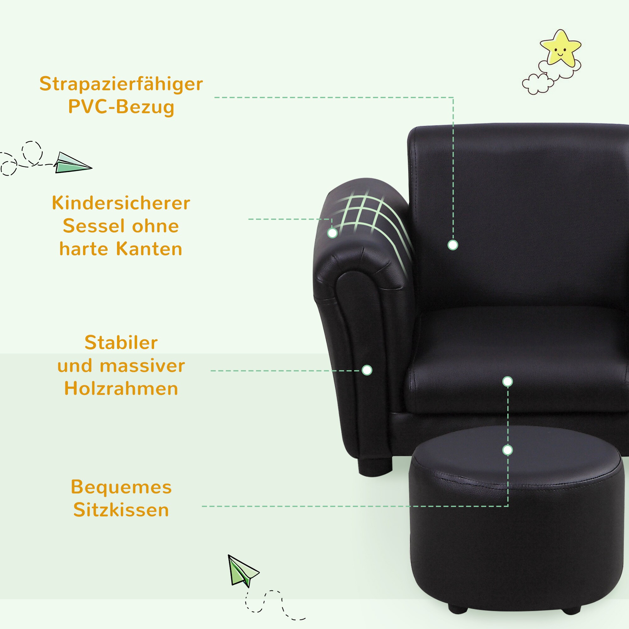 HOMCOM Kindersessel mit Fußhocker 54L x 42B x 41H cm
