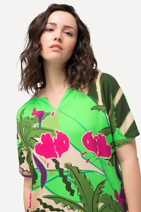 T-Shirt, Palmen, Oversized, Tunika-Ausschnitt, Halbarm