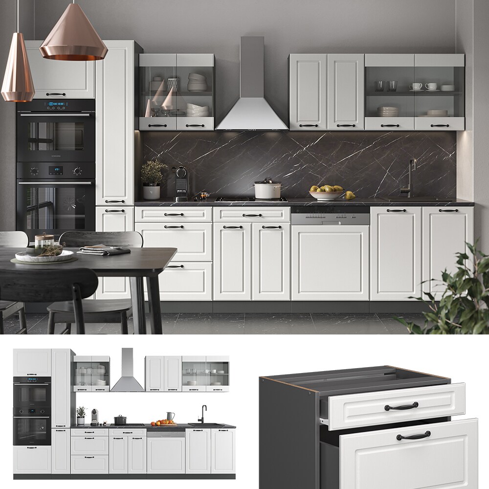 Vicco Küchenzeile Küchenblock Einbauküche R-Line 350 cm Landhaus Anthrazit Weiß Küche