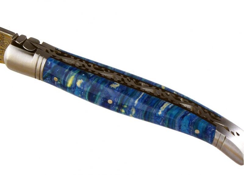 VENDU - Couteau Laguiole avec un manche en molaire de Mammouth teintée bleu