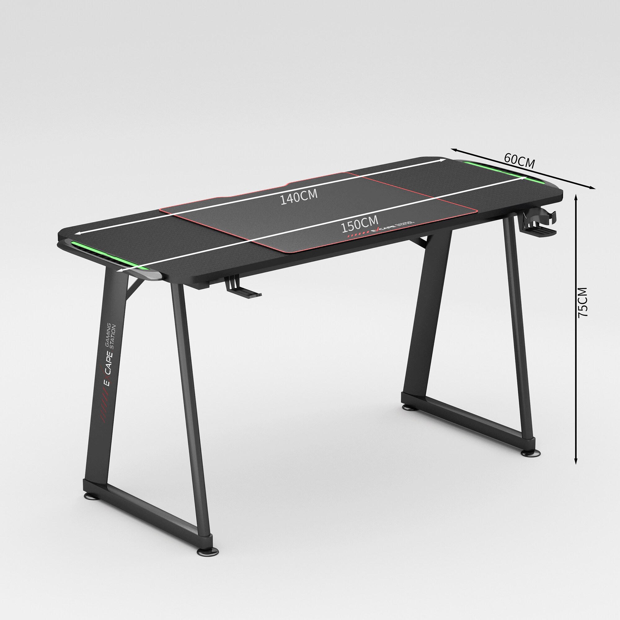 EXCAPE Gaming Tisch A14 mit LED Beleuchtung 140cm (+10cm Extensions) - Beine in A-Form Carbon-Optik, Schreibtisch Gaming-Getränkehalter, Kopfhörerhalte -PC Tisch Gamer Desk, Größe:140cmx60cm