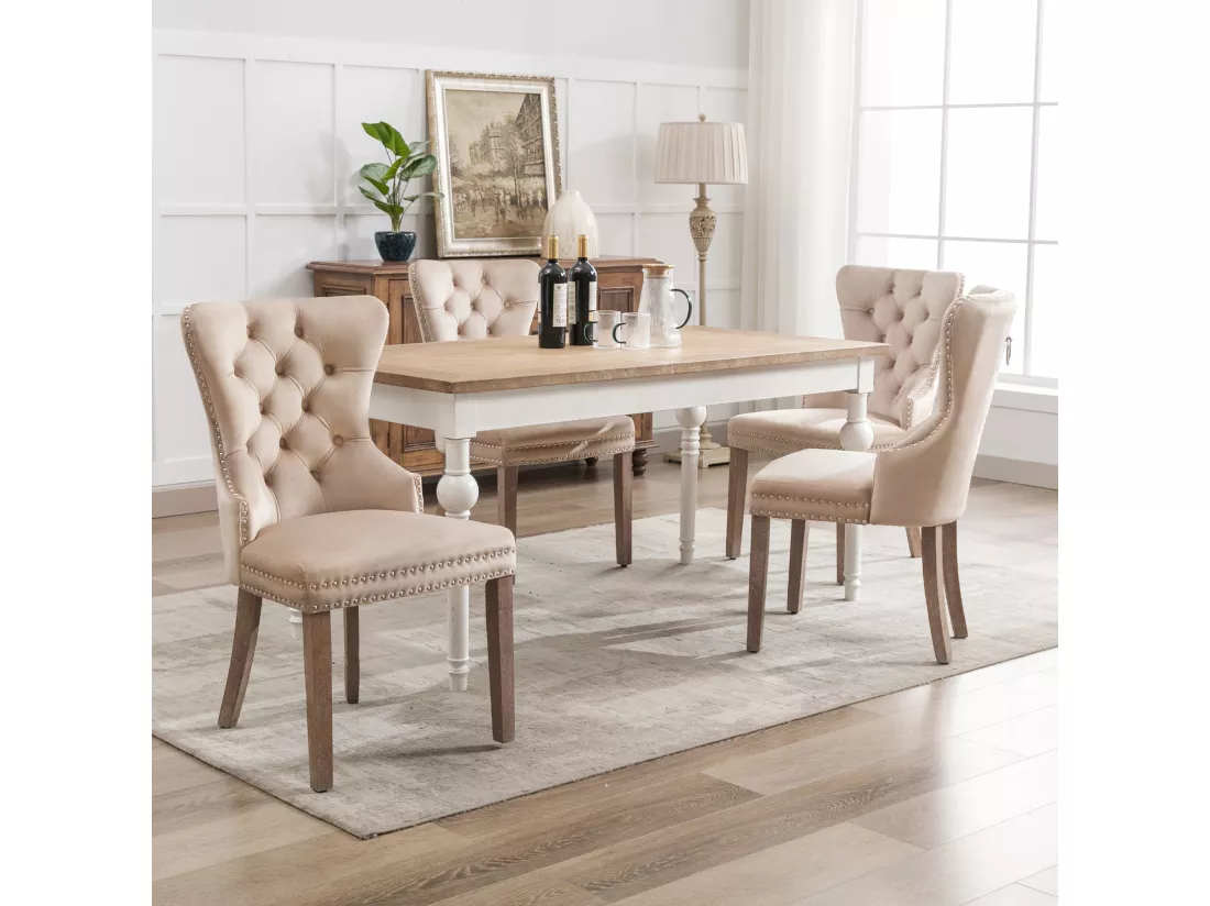 Lot de 4 Chaises de salle à manger, cuisine et salon chaise rembourrée pieds en bois massif - 53.5x64x95cm beige