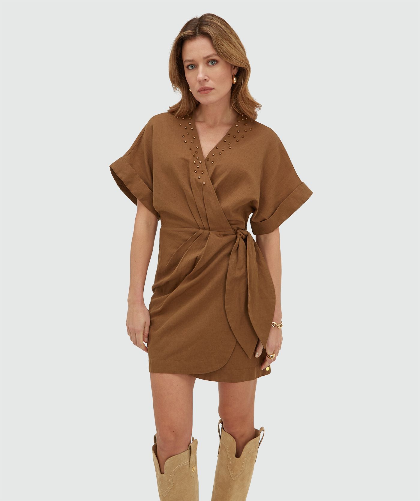 JV-FROUKJE overslagjurk met sierstenen - mocha brown