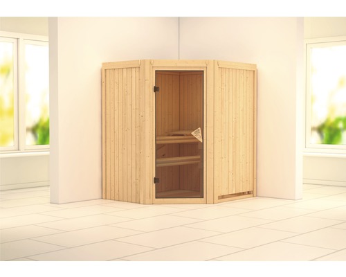 Plug & Play Sauna Karibu Monja zonder kachel en dakrand met gebronsde volledig glazen deur