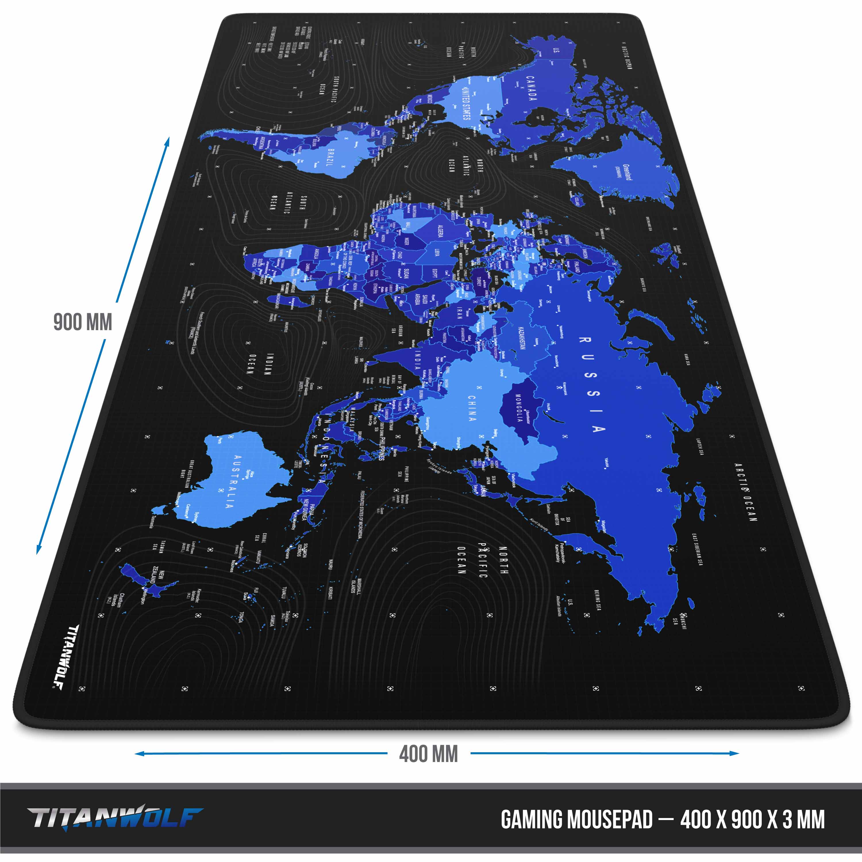 Titanwolf Gaming Mauspad, 900 x 400mm XXL Mousepad, verbessert Präzision & Geschwindigkeit, Welktarte blau