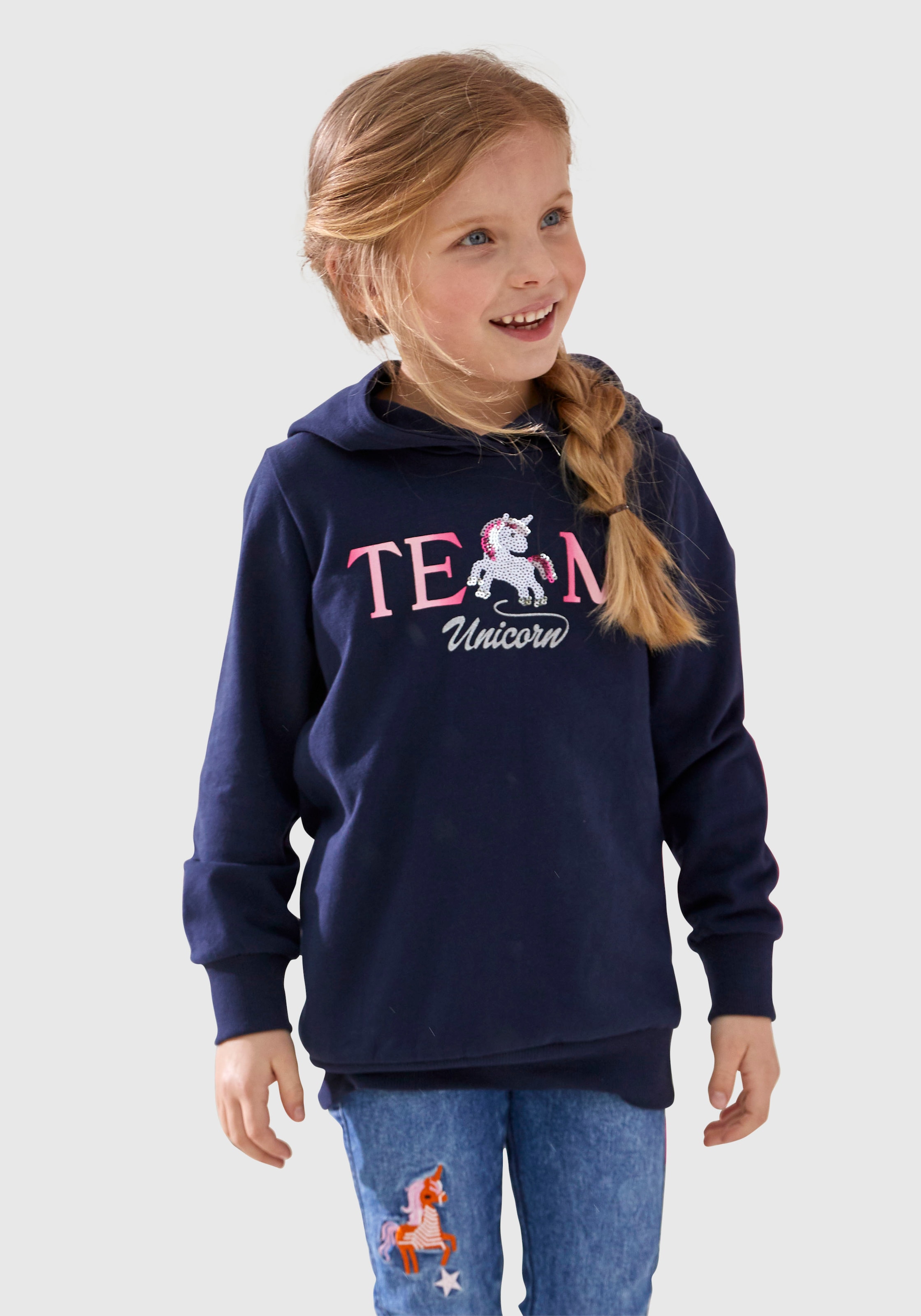 KIDSWORLD Kapuzensweatshirt », Longsweashirt mit Pailletten«, Langarm,  Basic-Passform,  mit modischem Druck,  mit Kapuze