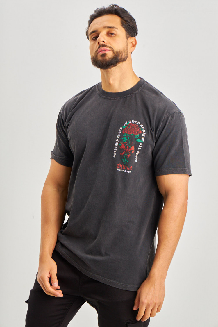 T-shirt noir bouquet de roses rouges