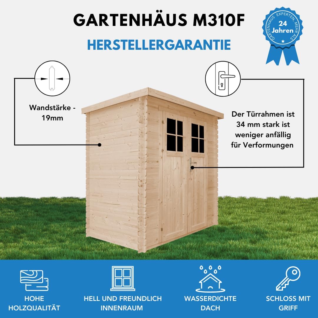 Holzhaus Gartenhaus mit hochwertige abschließbare Tür - Gartenschuppen Holz B239xL142xH200 cm/ 2,63 m2 Lagerschuppen für Garten - Fahrrad Schuppen - Wasserfestes Dach- TIMBELA M310F