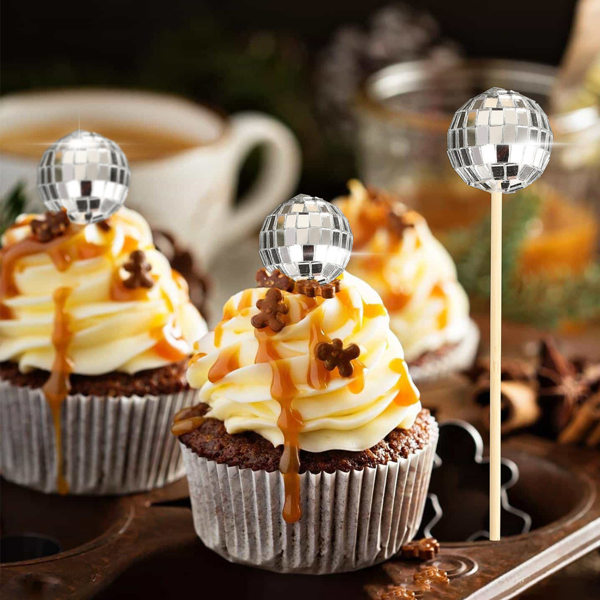 (20-tlg. Set) Kuchenstecker Discokugel Tortenstecker Party Deko Topper für Torten / Kuchen - Silber