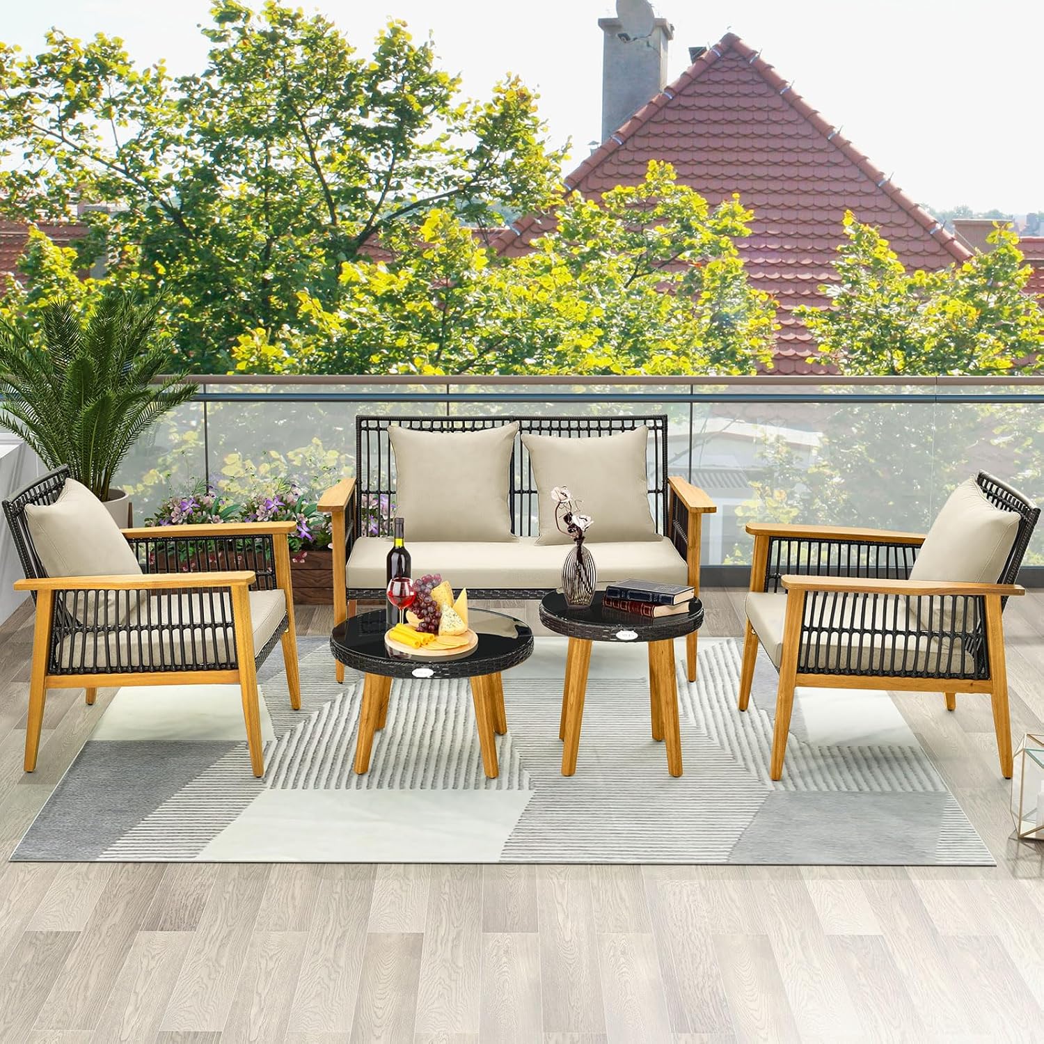 COSTWAY 5-teiliges Rattan Gartenmöbel Set Akazienholz, Gartenbank & 2 Gartenstühle & 2 Couchtische, Sitz- und Rückenkissen, Terrassenmöbel Polyrattan Sitzgruppe für Hinterhof, Poolbereich