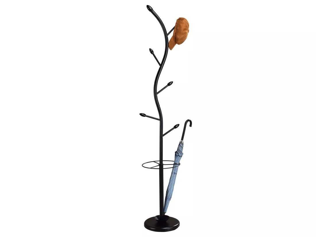 Porte-manteaux TRIANA portant à vêtements sur pied en forme d'arbre avec 6 crochets et un porte parapluie, métal laqué noir et bois
