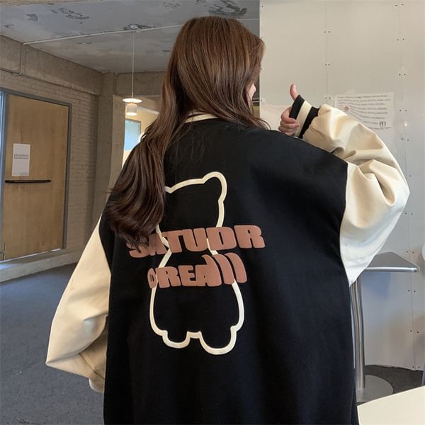 Peach+velvet - Baseballjack met knopen en berenprint