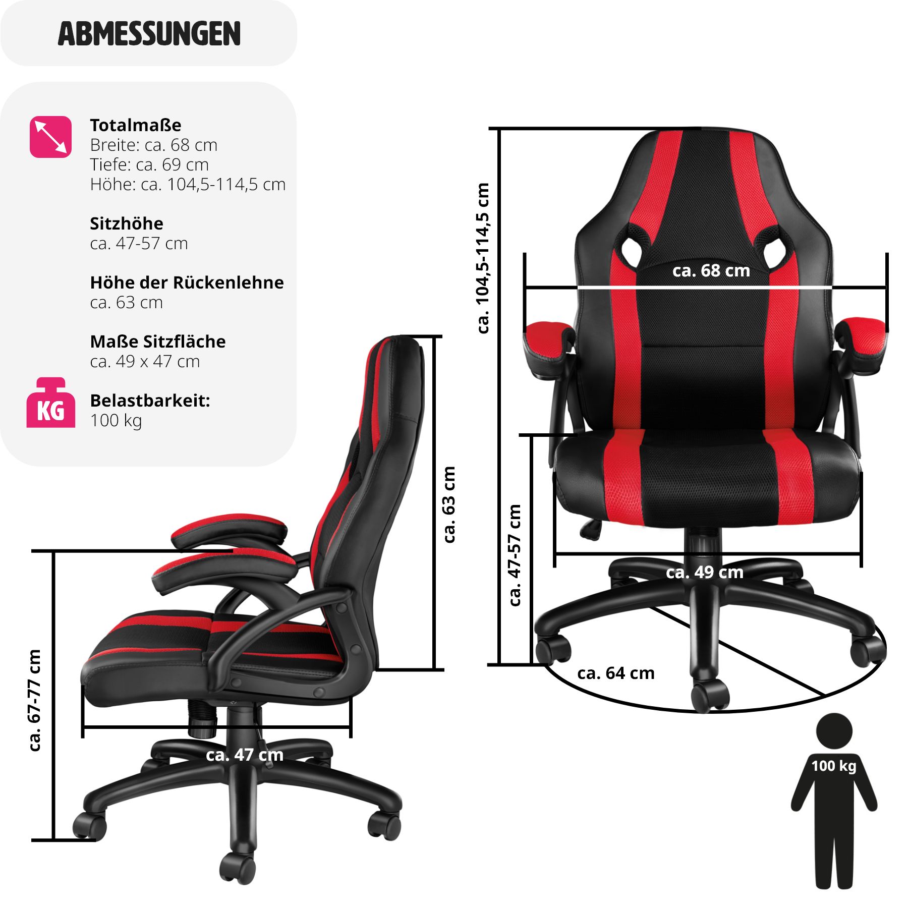 tectake® Bürostuhl, ergonomische Form, Kunstlederbezug mit Mesh-Gewebe, stufenlos höhenverstellbar