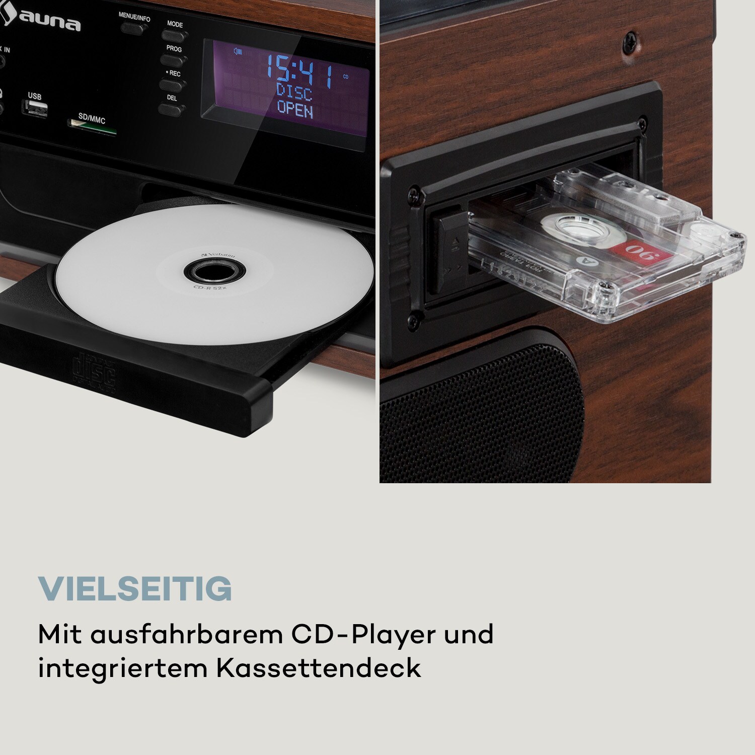 Oakland DAB Plus Retro-Stereoanlage DAB+/FM BT-Funktion Vinyl CD Kassette inkl. Lautsprechern