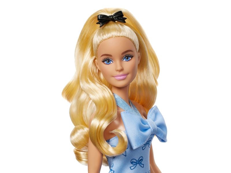 Barbie Puppe Fashionista Blue Bows Fashionistas-Puppe in blauem Neckholderkleid mit Schleife, blondem Haar und einer Haarschleife