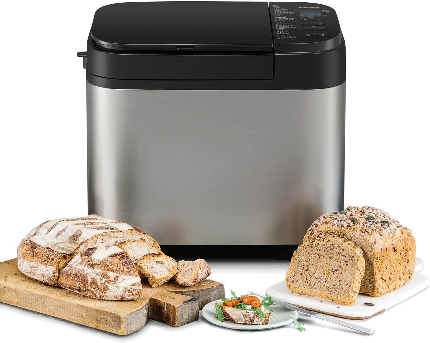 Panasonic SD-YR2550 Vollautomatischer Brotbackautomat, horizontales Design, Rosinen-Nussverteiler und Hefespender, 31 automatische Programme, zwei Temperatursensoren, 13-Stunden-Zeitvorwahl, Silber