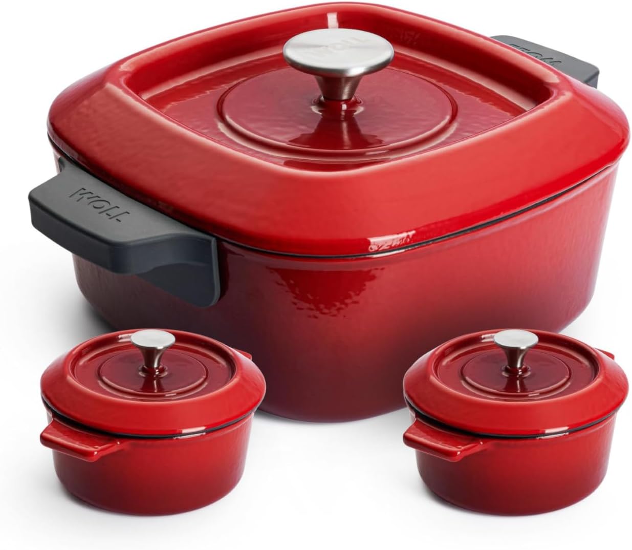 Woll Iron Set 3-teilig, bestehend aus Kasserolle viereckig, 24 x 24 cm, 9,5 cm hoch, und zwei Mini-Kasserollen, Ø 10 cm, 5 cm hoch - Geeignet für alle Herdarten, rot