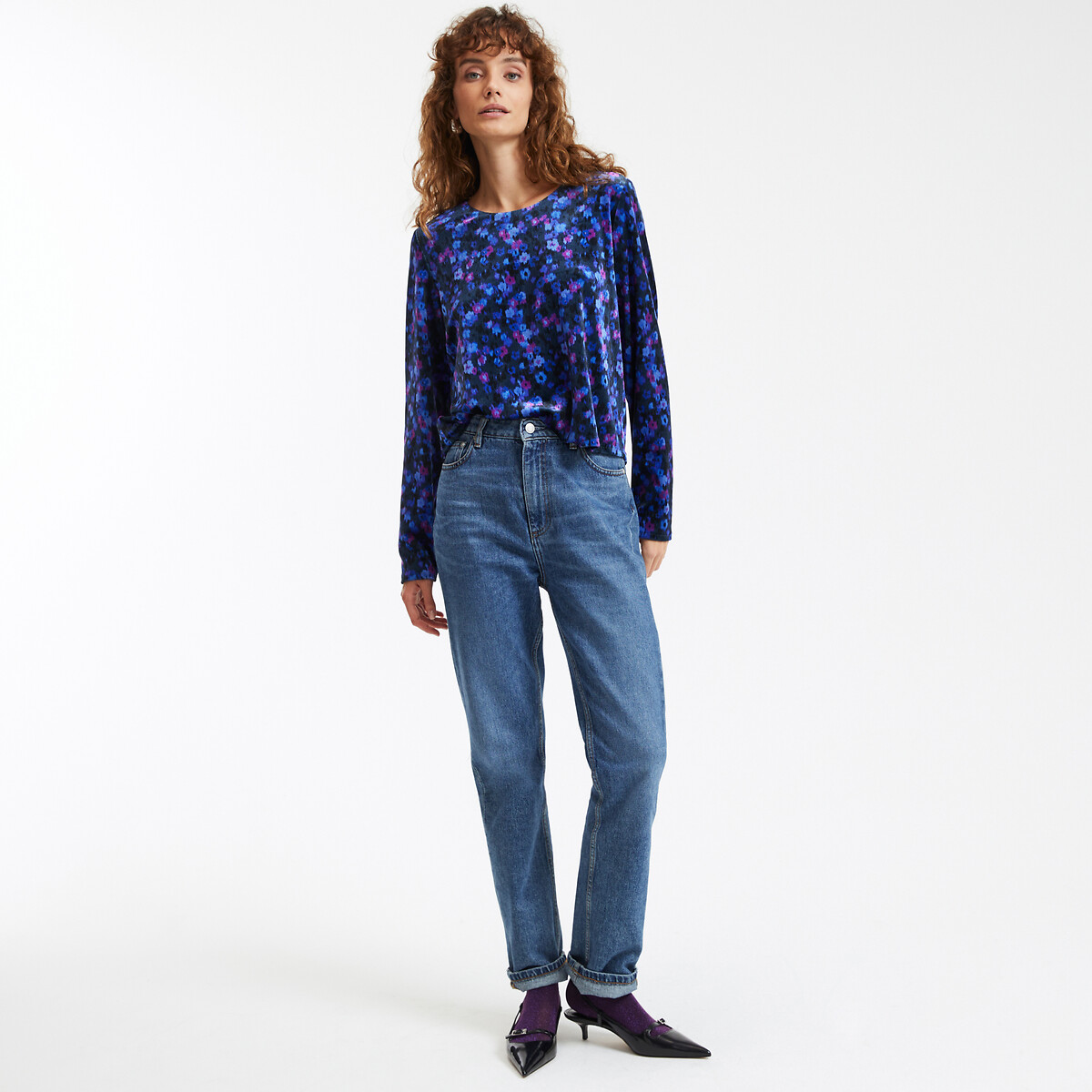 COLEÇÕES LA REDOUTE<br>Blusa com estampa floral, decote redondo e mangas compridas