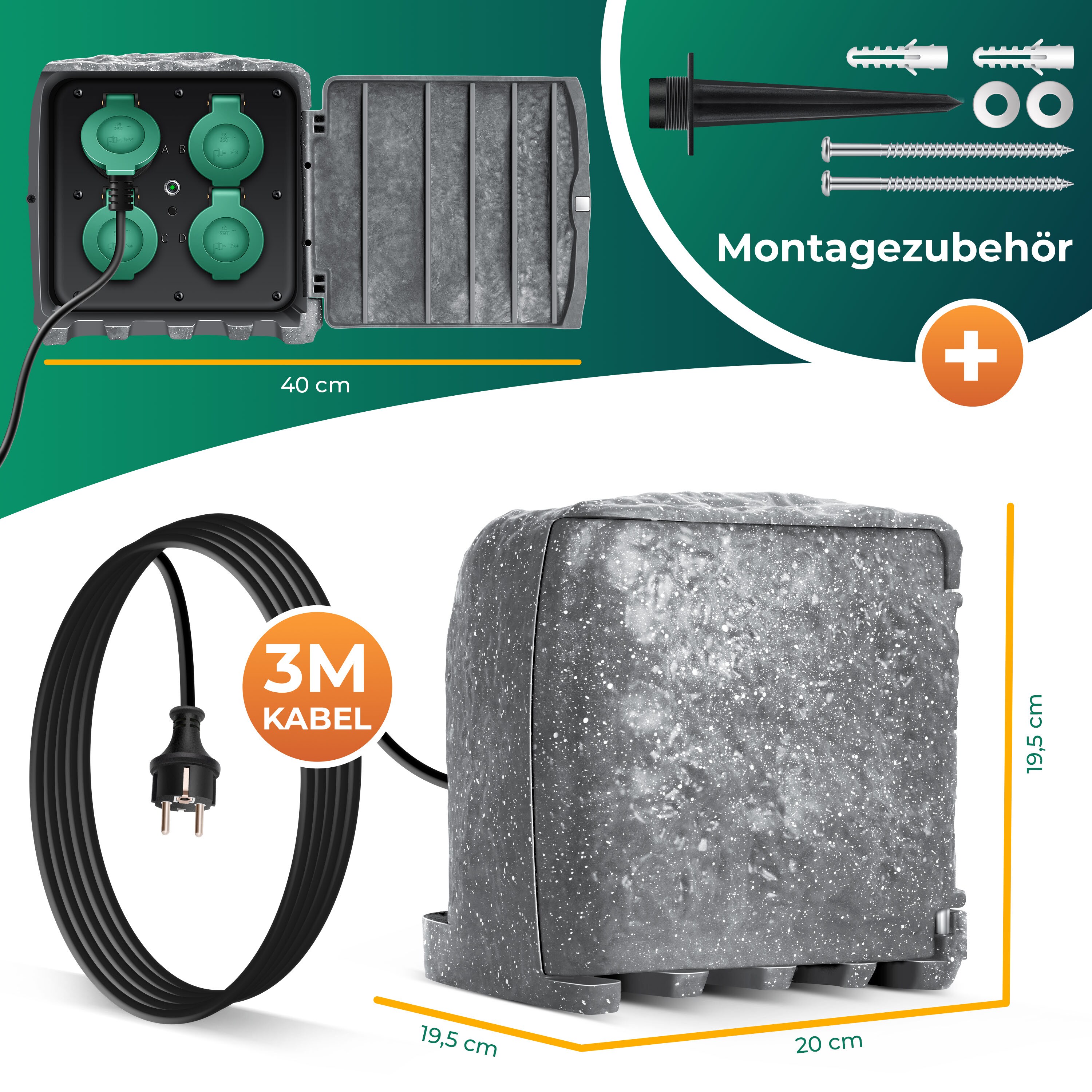 KESSER® Gartensteckdose Steinoptik mit 4 Steckplätzen - mit WiFi Funktion Steuerung per App - Inkl.Erdspieß, Mehrfachsteckdosen aussen mit 3m Verlängerungskabel Außensteckdose IP44 Dämmerungssensor