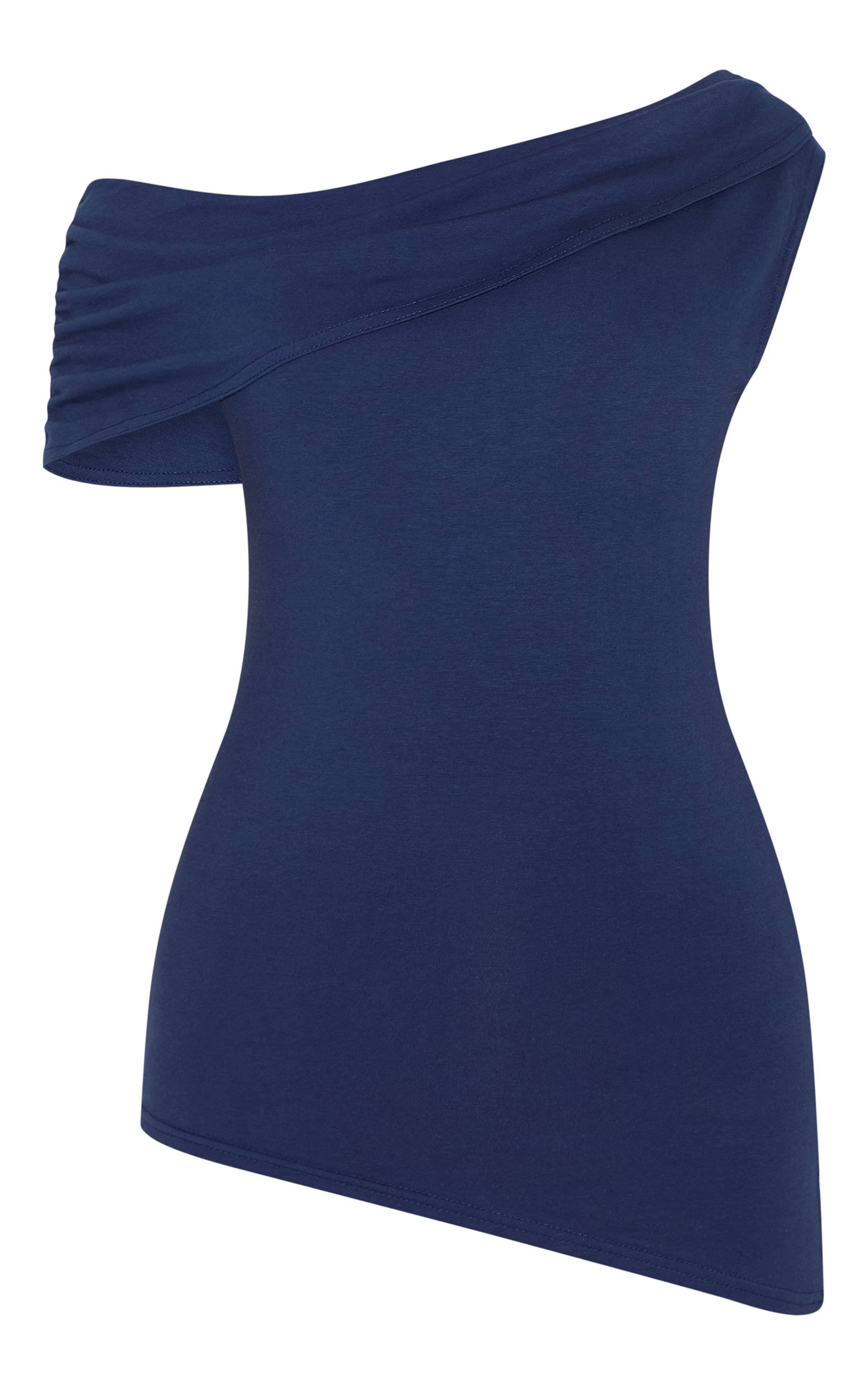Bleu Marine Haut Long En Coton Asymétrique Avec Détail Plié Sur L'épaule