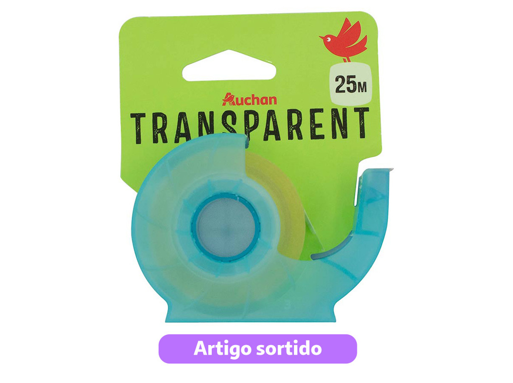 FITA COLA TRANSPARENTE AUCHAN COM DISPENSADOR 25M CORES SORTIDAS