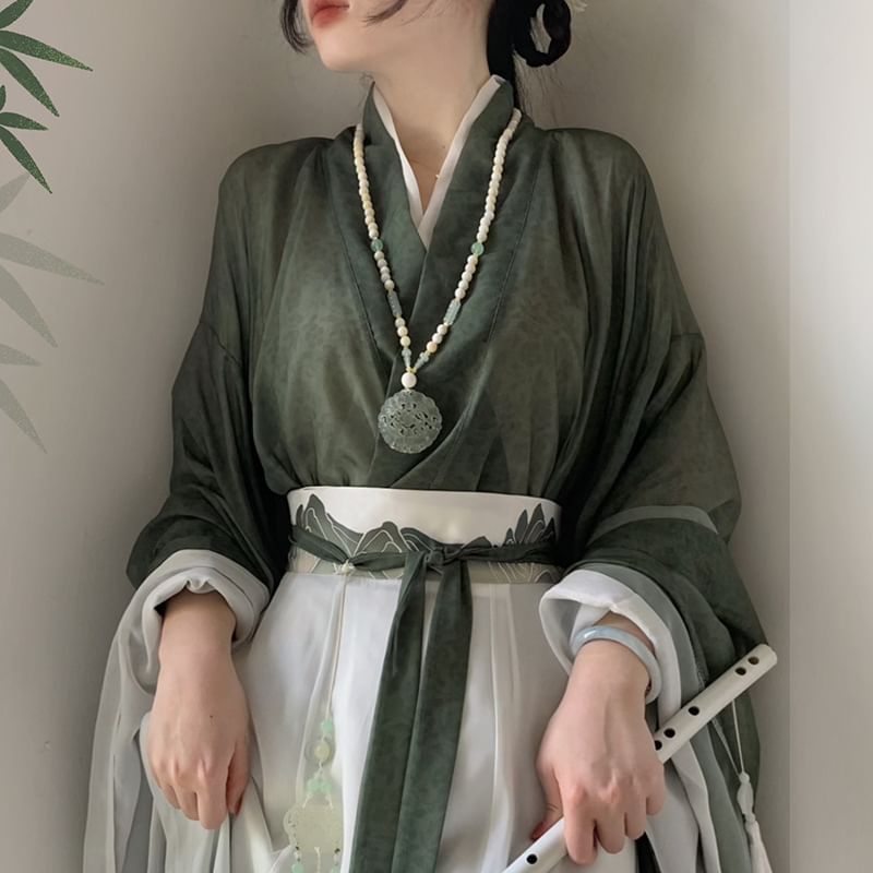 Francoix - Bloemen Hanfu Jas / Wikkeltop / Maxi Rok / Sjaal / Set