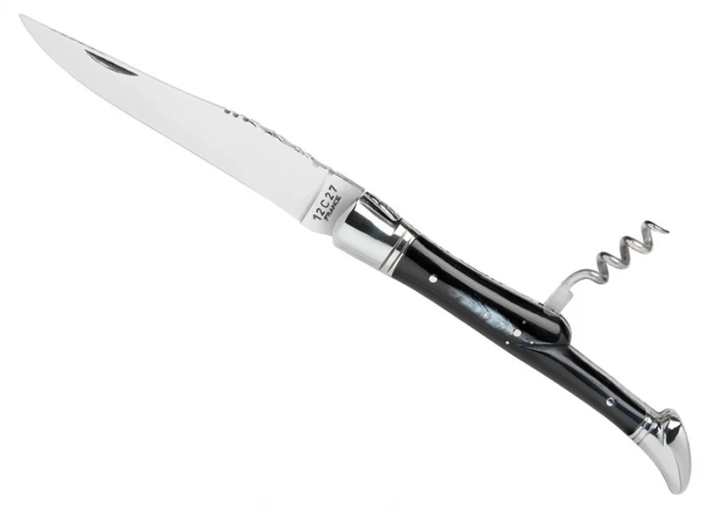 Couteau Laguiole avec un manche en Corne brune et tire bouchon et mitres Inox