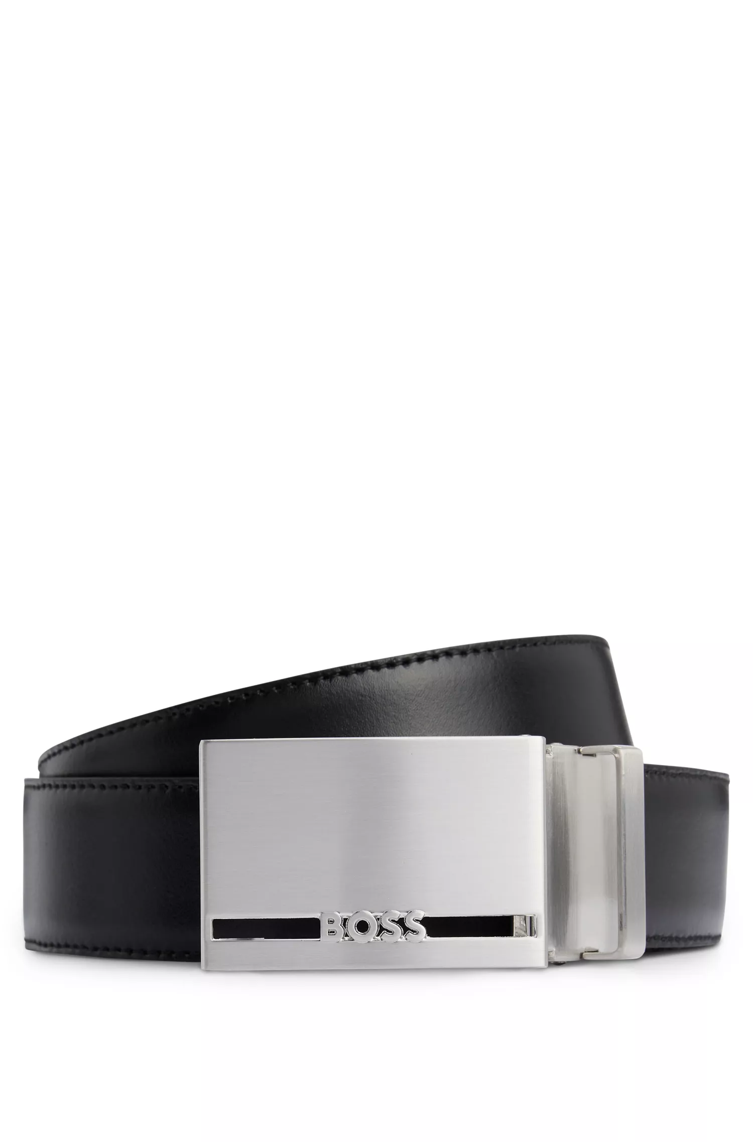 Cinto reversível BOSS em couro italiano preto com passador de cinto personalizado.