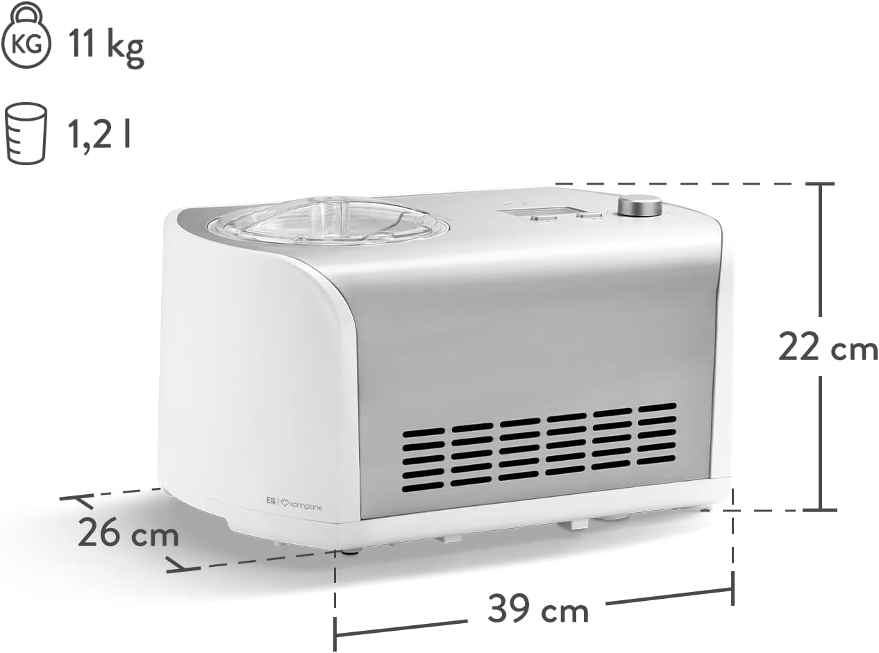 SPRINGLANE Eismaschine Elli 1,2 L mit selbstkühlendem Kompressor 135 W, Eiscrememaschine aus Edelstahl mit entnehmbarem Eisbehälter, inkl. Rezeptheft
