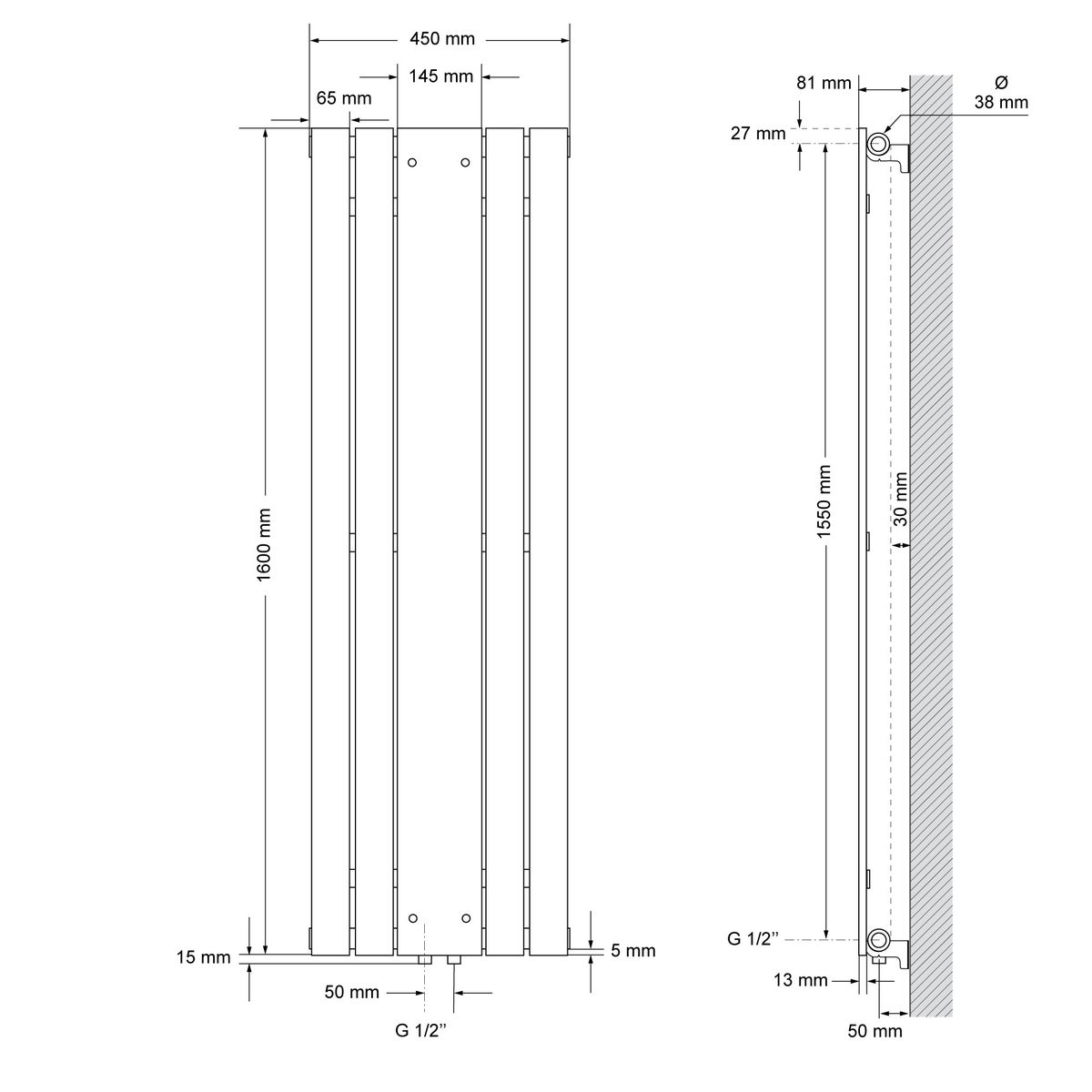 ML-Design Badkamerradiator Vlak Middenaansluiting 1600x450 mm Wit met Spiegel Aansluitfitting Universele Hoek- en Doorloopvorm Multiblok Thermostaat Paneelradiator Spiegelradiator Glasradiator