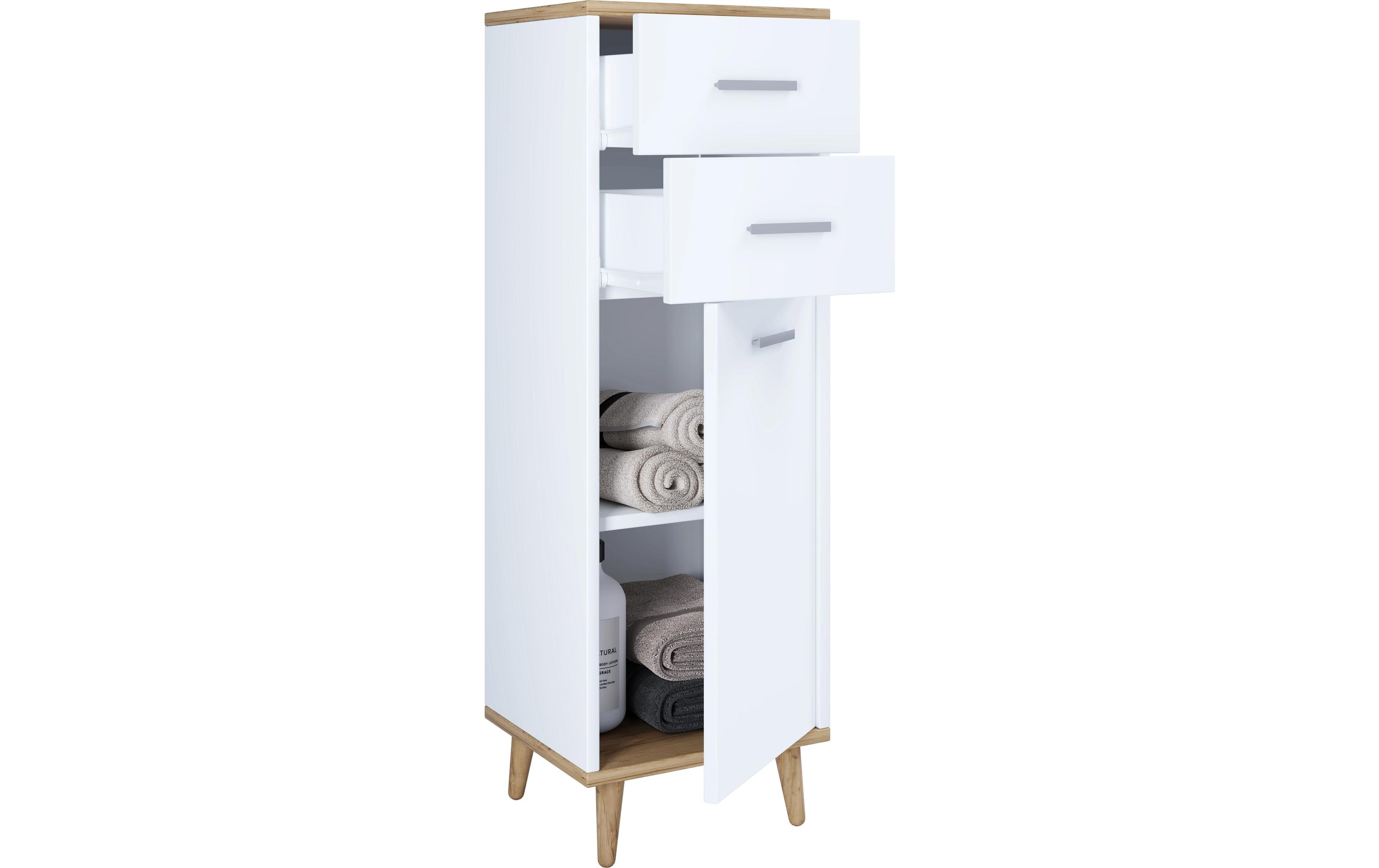 Badezimmerregal Landos Midi 32 x 97 cm, Weiss/Honig-EicheModerner Badezimmerschrank
