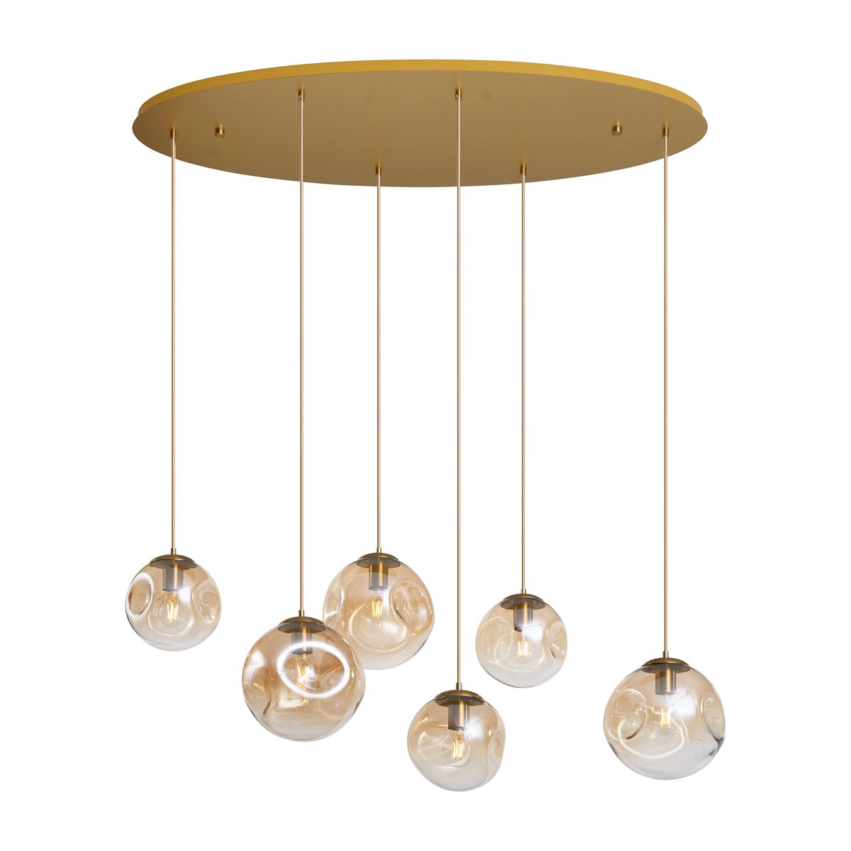 Art deco hanglamp messing met ovale plafondplaat en amber glas 6-lichts - Douglass