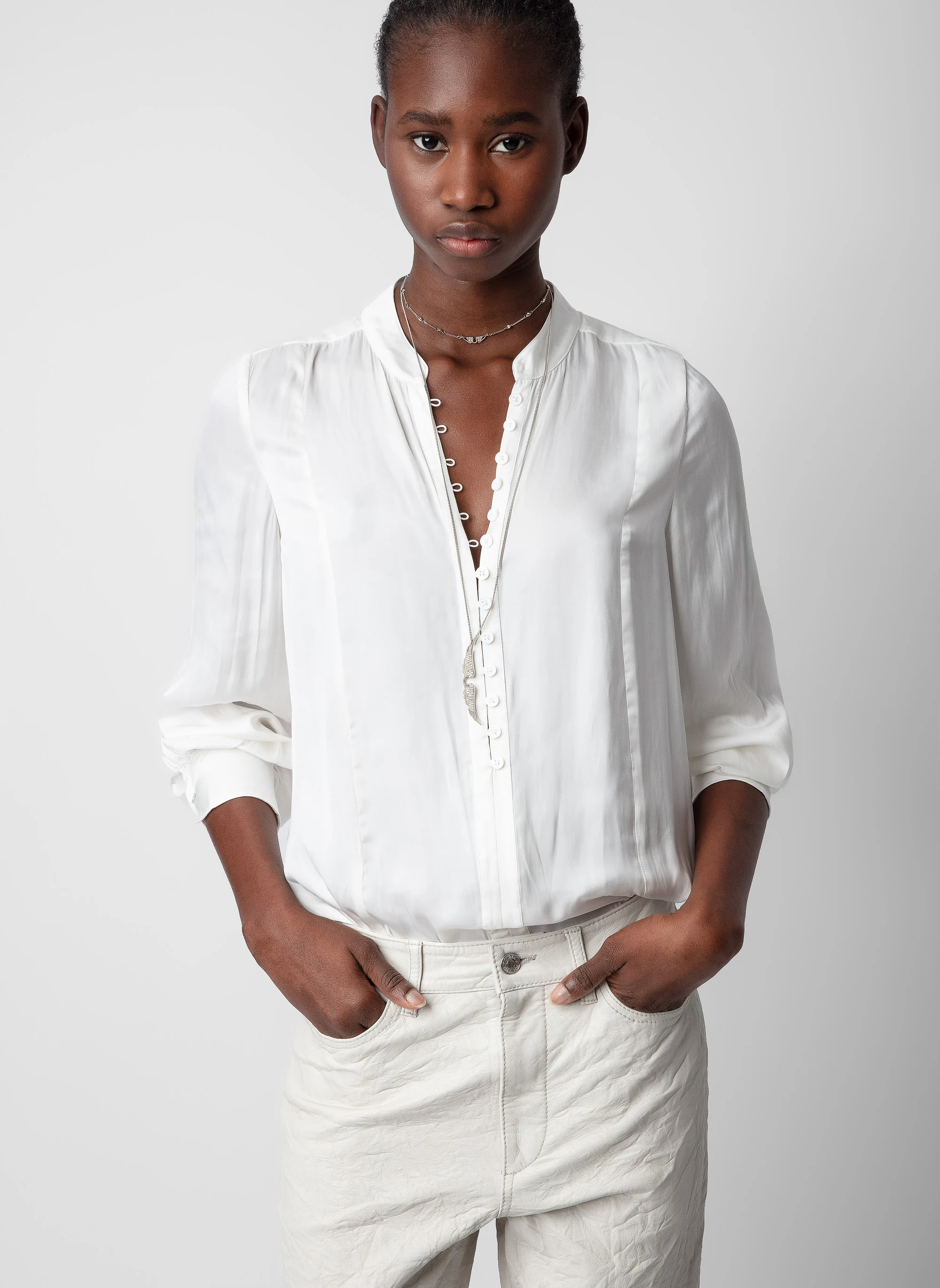 TWINA - Blouse fluide col rond en satin | Blanc