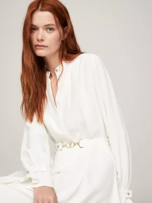 Vestido longo camisa plissado com cinto e detalhe de bridão