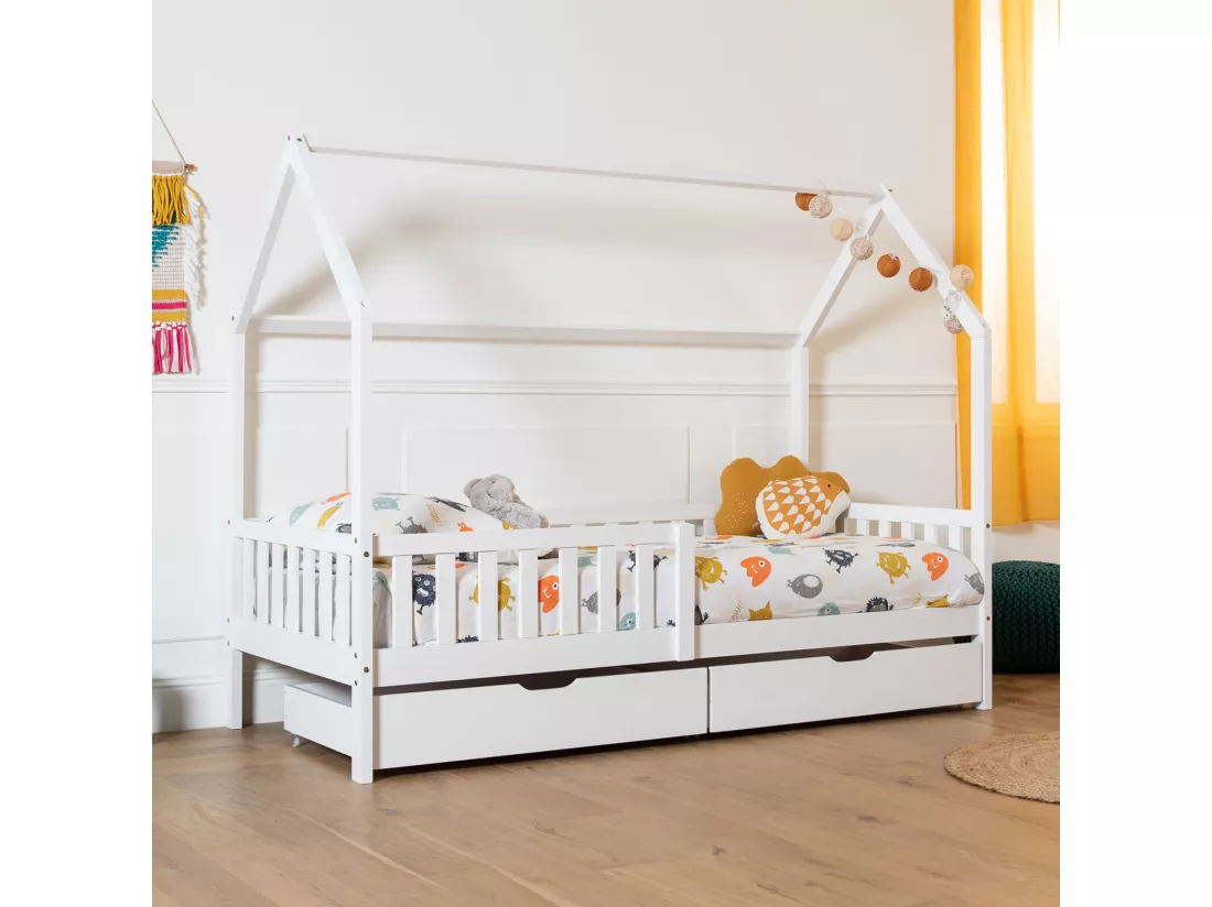 Lit cabane pour enfant 190x90cm blanc avec tiroirs MARCEAU - HAPPY GARDEN