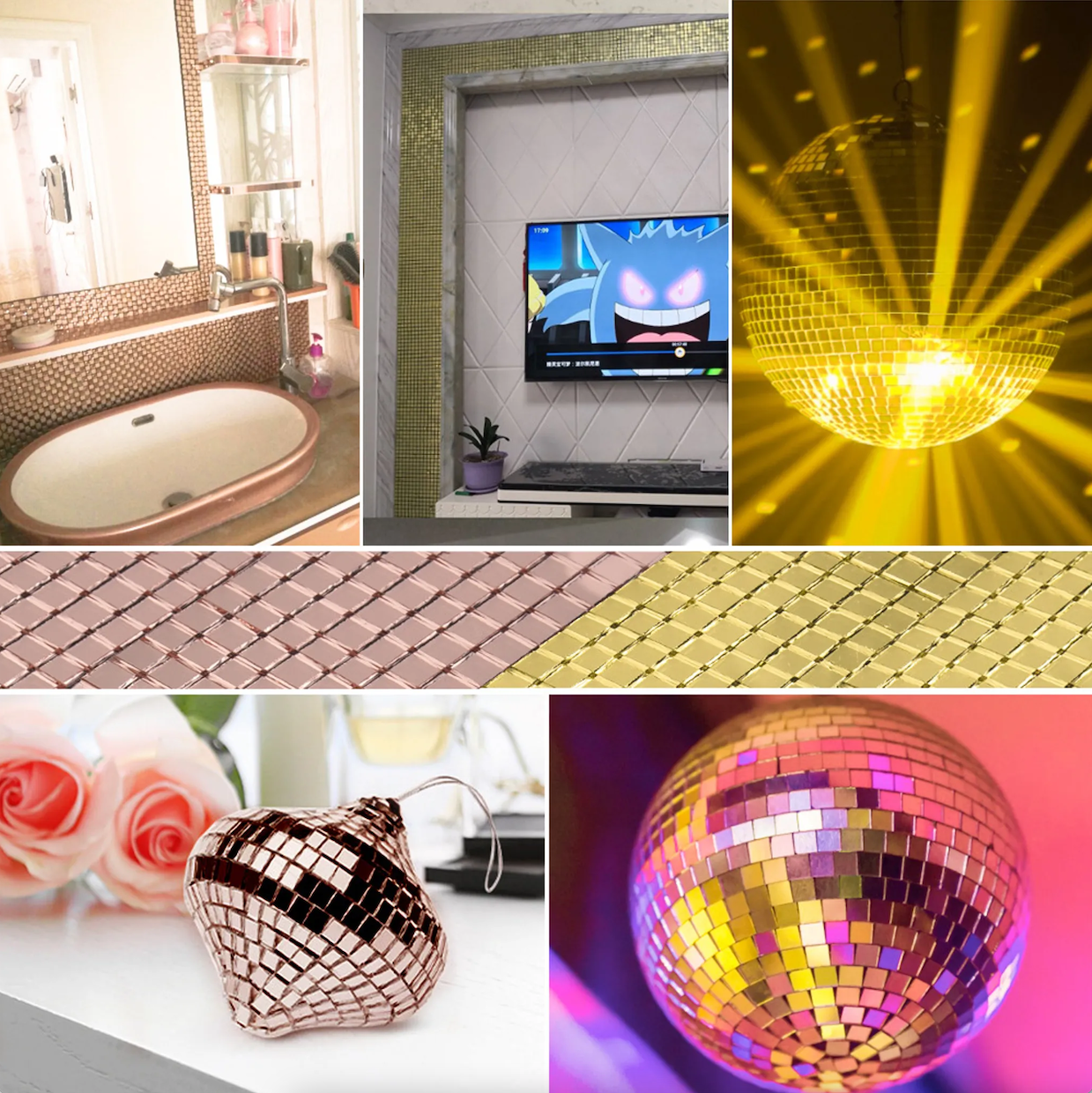 (1m/4cm) Deko Mosaik Spiegel Aufkleber DIY Party Sticker Disco Spiegelmatte - Silber