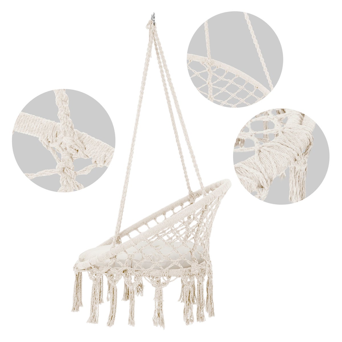 ECD Germany Hangstoel met zitkussen, beige, boho-stijl, macramémotief, katoen, Ø 60 cm, draagvermogen tot 120 kg, hangstoel met gevlochten franjes, hangstoel, hangende schommel, binnen/buiten