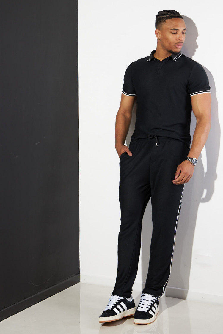 Ensemble 2 pièces polo + pantalon noir à détail blanc