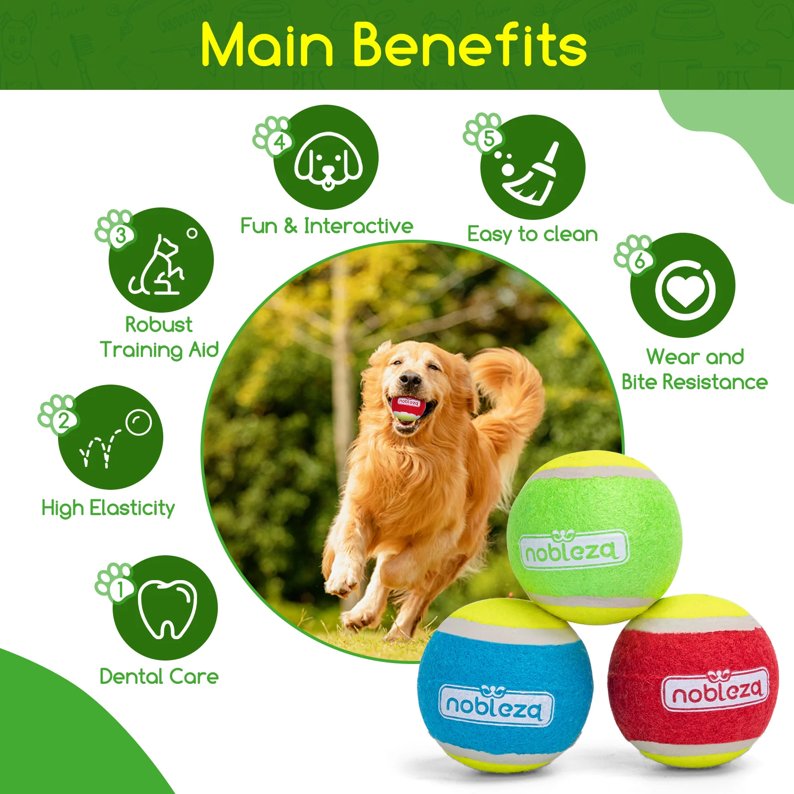 Bolas de brinquedo para cães Nobleza, bola de borracha natural de alta qualidade, bola de tênis, bola de brinquedo saltitante, adequada para cães de pequeno e médio porte - 6,36 cm/pacote com 3