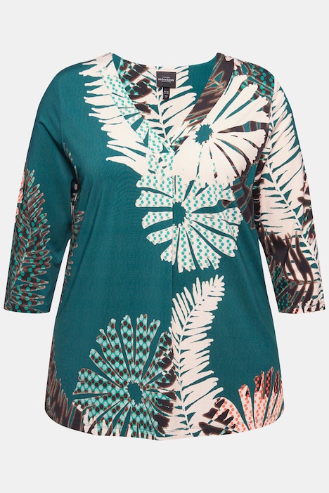 Slinkyshirt, Blüten, A-Linie, V-Ausschnitt, 3/4-Arm