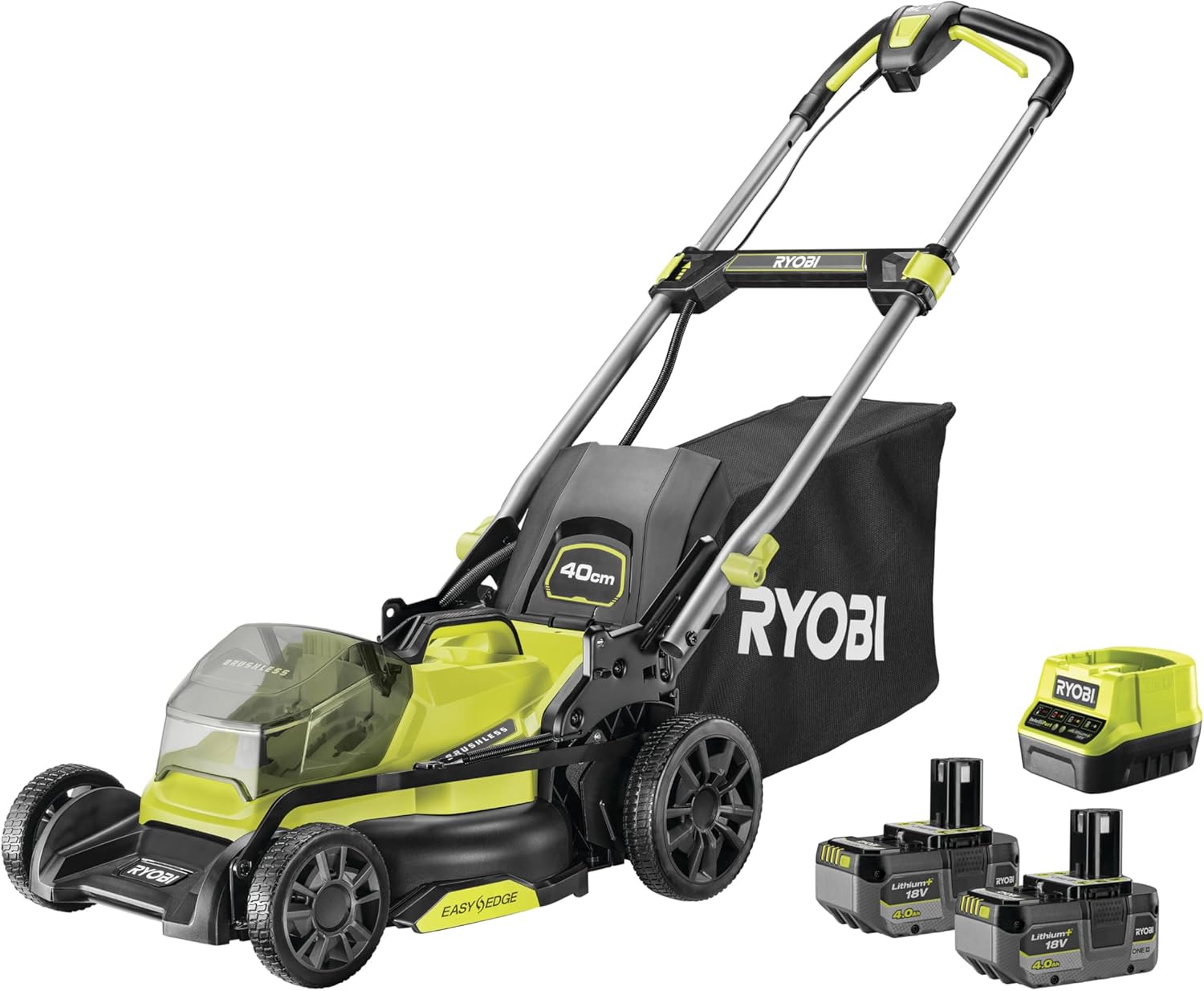 RYOBI 18 V ONE+ Akku-Rasenmäher RY18LMX40C-240 – 40 cm Schnittbreite, inkl. 2× 4,0 Ah Akkus & Ladegerät, bürstenloser Motor, für größere Rasenflächen