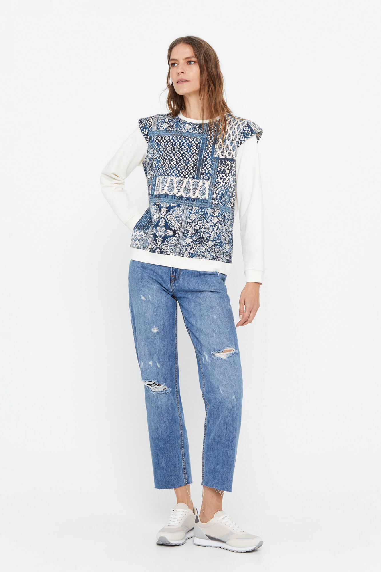 Blusa de moletom plissada estampada com estampa de lenço - Marfim