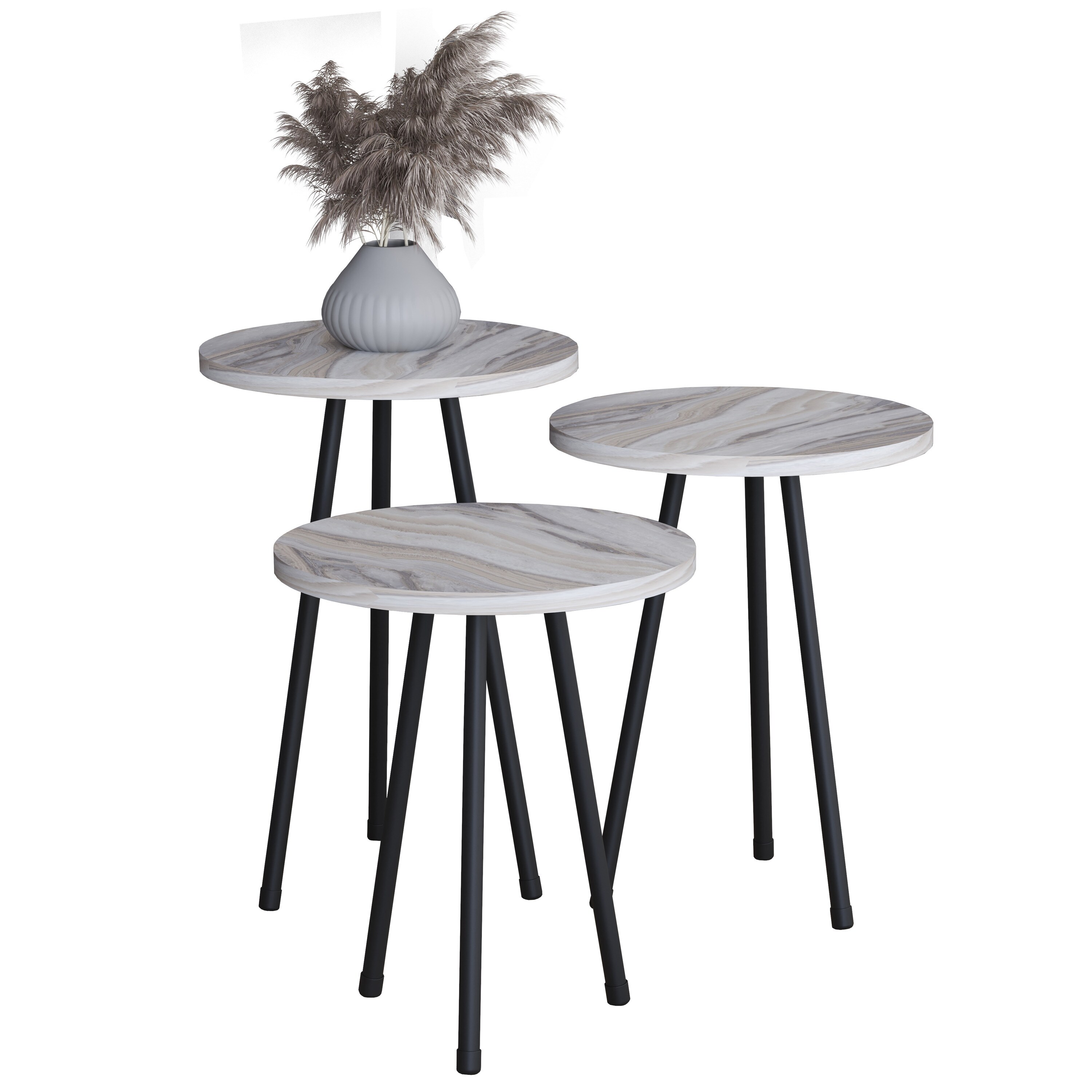 VCM 3 tlg. Set Holz rund Beistelltisch Mamor Optik Couchtisch Sofatisch Wohnzimmertisch Mirola