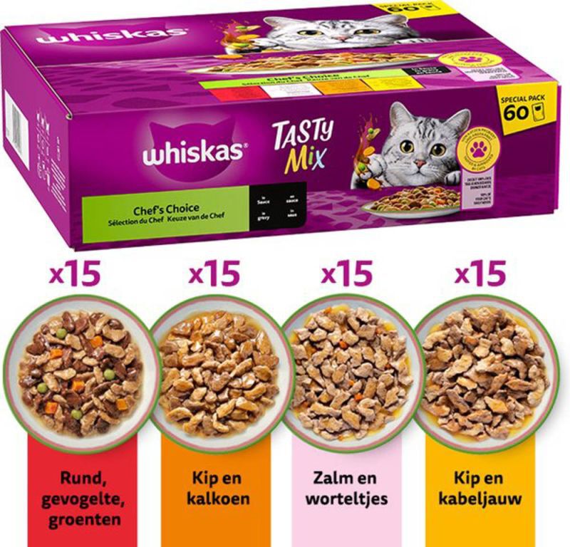 Whiskas Tasty Mix Chef's Choice - Kattenvoer - 60x85 gram - 85 Gram - kip