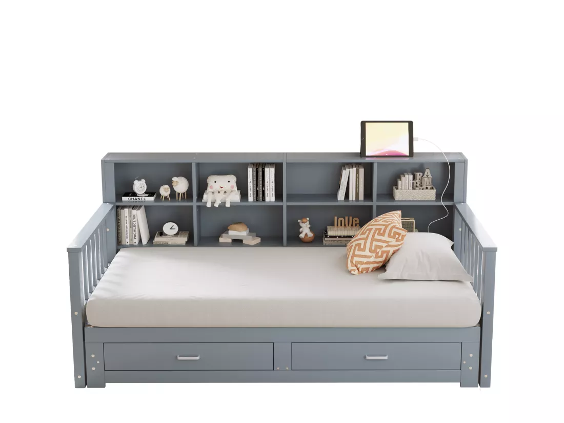 Canapé-lit gigogne en bois massif 90/180x190 cm - avec prise de charge - avec rangement - avec 2 tiroirs - sommier à lattes - gris（matelas non inclus)
