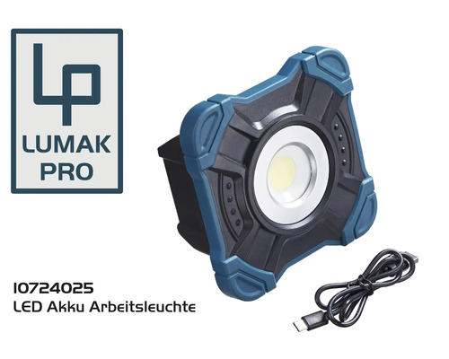 LUMAK PRO LED oplaadbare werklamp met 3-traps dimmer, 10W, 1000 lm, 6500 K daglichtwit, IP54, met 60 cm USB-C-kabel, 1,5-2 uur gebruiksduur
