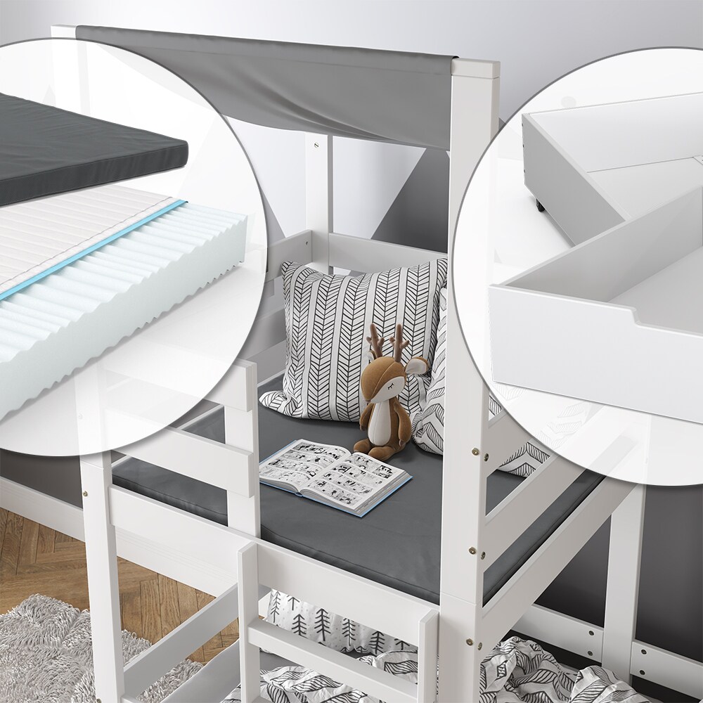 VitaliSpa Spielturmbett Kinderbett Spielbett Tom Weiß modern 204x218 cm Massivholz Kinderzimmer Lattenrost Bettleiter Bett Schublade Matratze Abenteuerbett Kletterbett