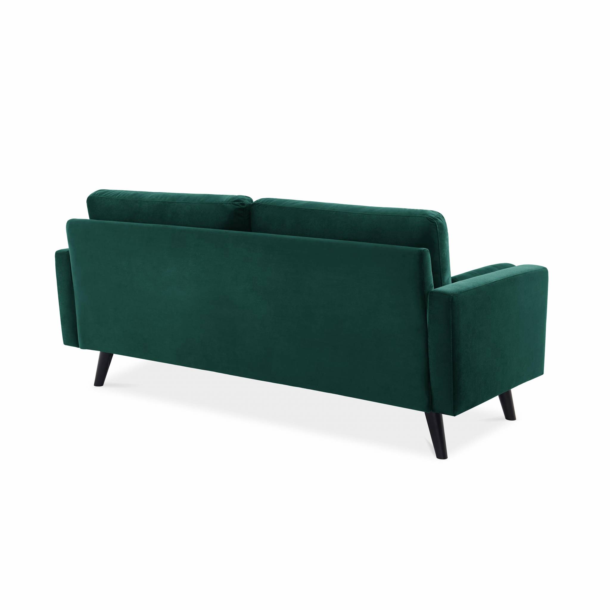 Canapé en velours vert anglais. 3 places scandinave fixe. Droit. Pieds bois noir