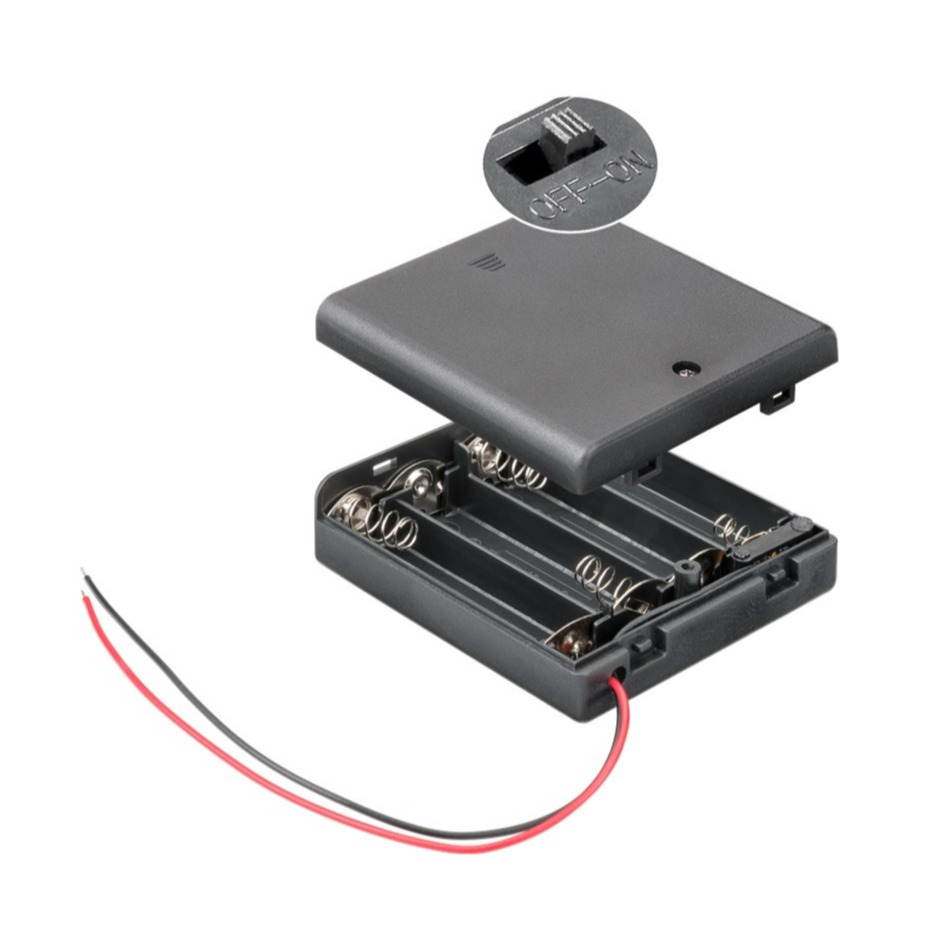 4-fach schaltbarer Batteriehalter für AA (Mignon) Batterien wasserabweisendes Gehäuse mit Verzinntes Kabel (11473) - Schwarz